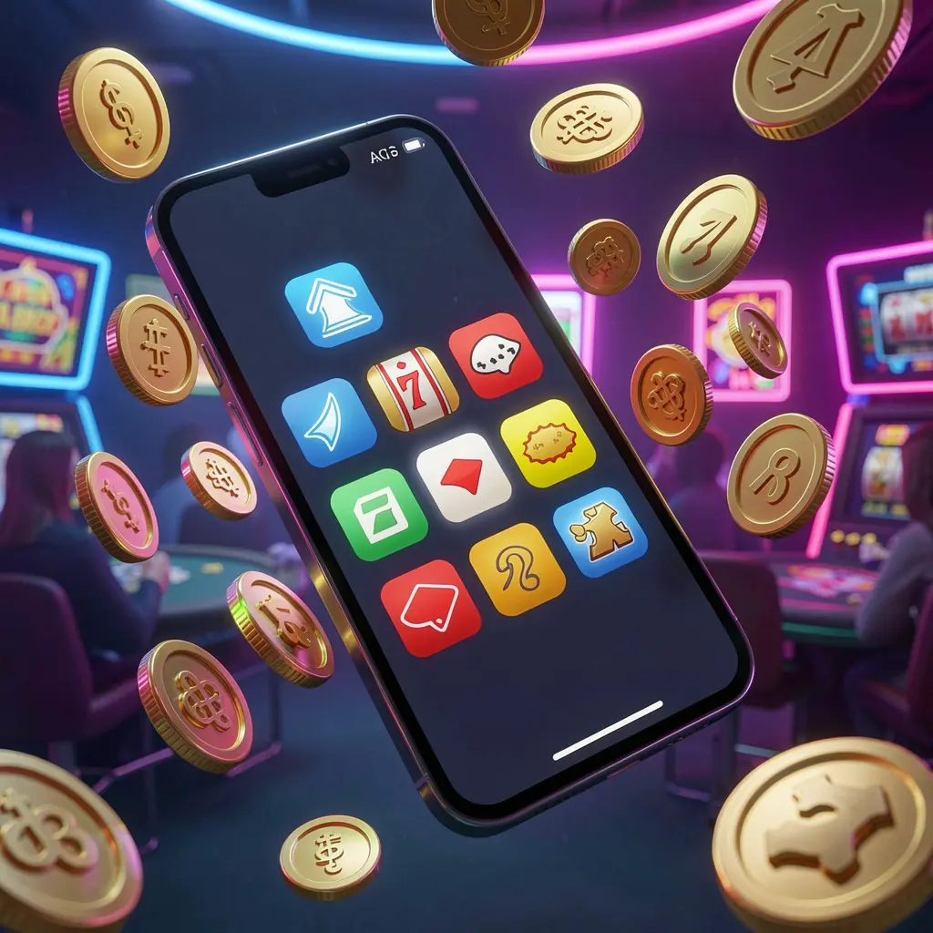 Realistic 3D render of a modern phone displaying the BK933 Android casino app with app icons, surrounded by golden coins and slot symbols in a neon casino atmosphere