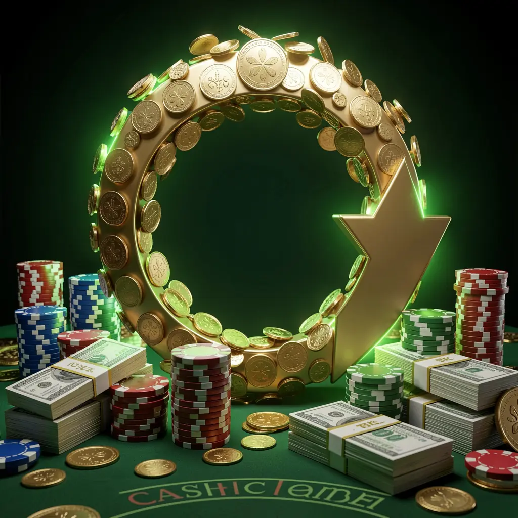 Realistic 3D render of a cashback casino bonus scene featuring BK933 brand with coins moving in a circular arrow, stacks of chips, and cash bundles glowing in green and gold
