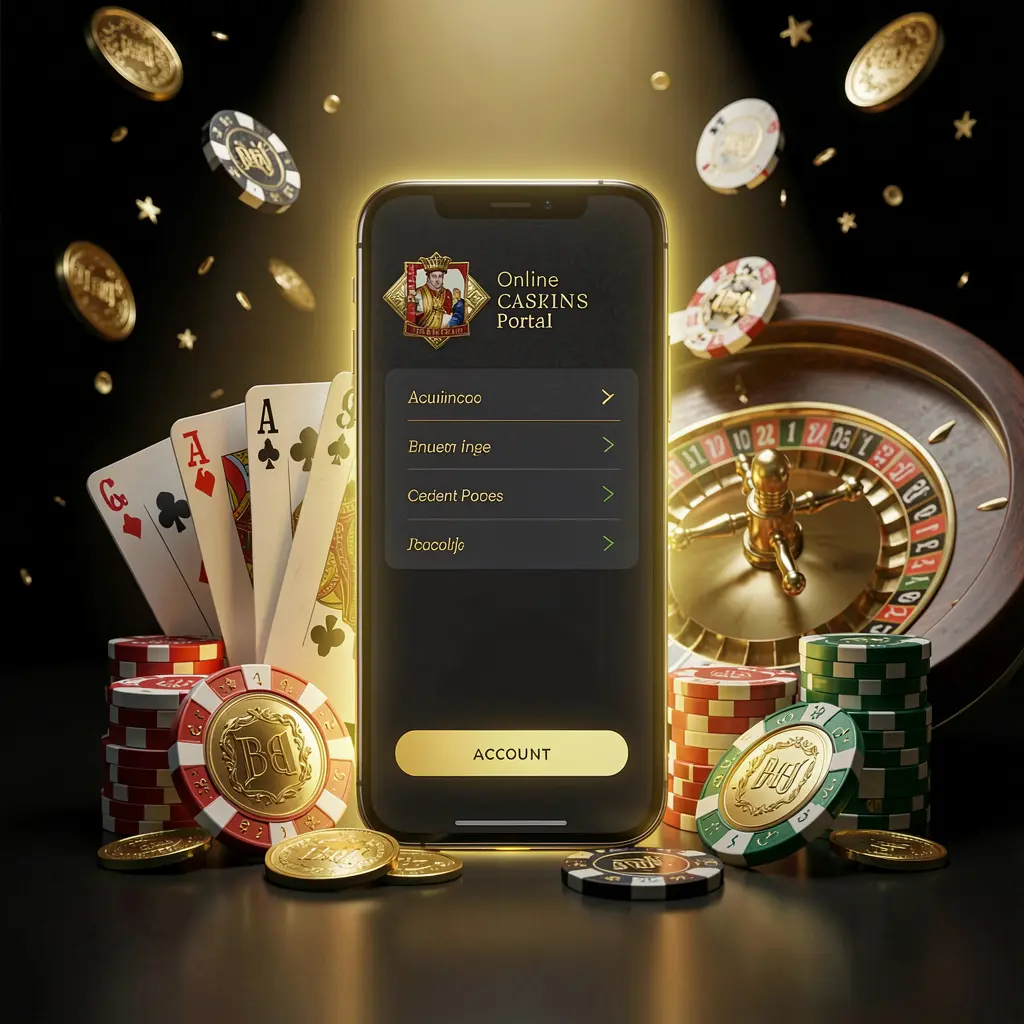 BK933 online casino account portal displayed on a glowing smartphone with premium cards, chips, roulette wheel, and coins against a black and gold background with cinematic lighting in a realistic 3D render