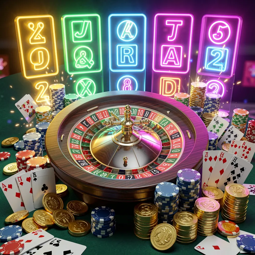 BK933 casino homepage visual featuring a realistic 3D render of a roulette wheel, poker chips, playing cards, golden coins, and vibrant jackpot lights with bright neon glow in a dynamic composition